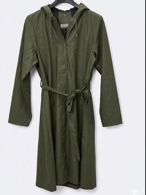 Rains Olive Green A-Line Longer Hooded Raincoat Trench XL